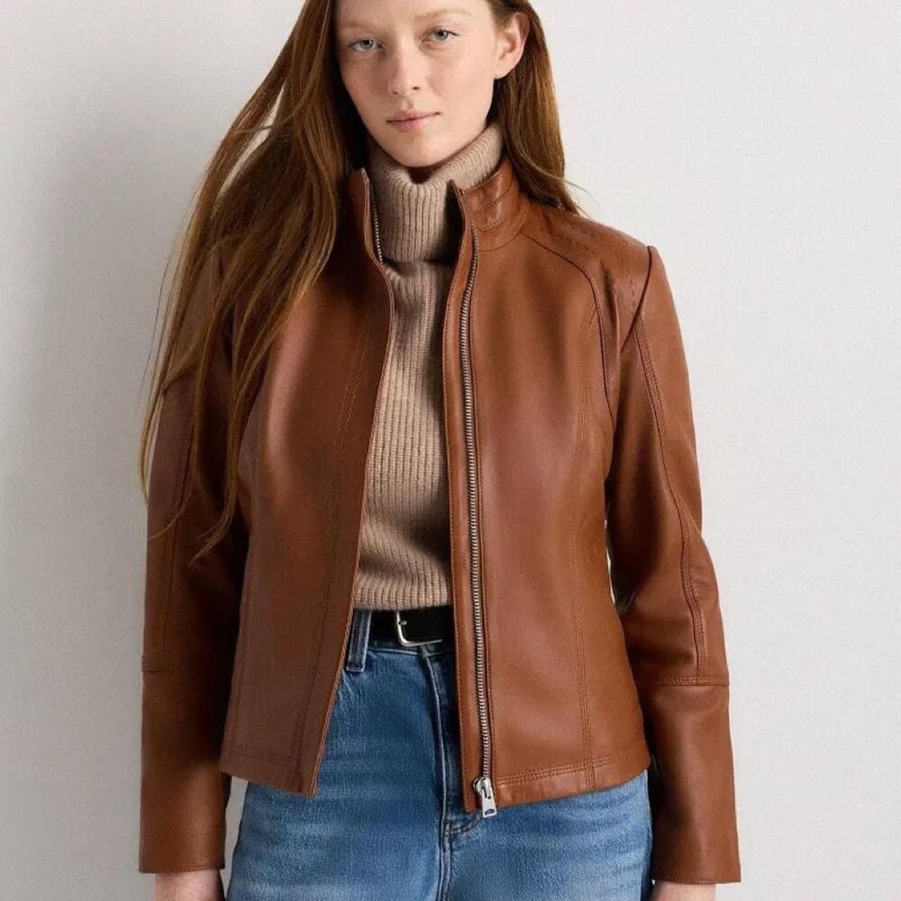 Quince Stand Collar Dark Cognac Brown Zip Up Leather Jacket Size XL NWT